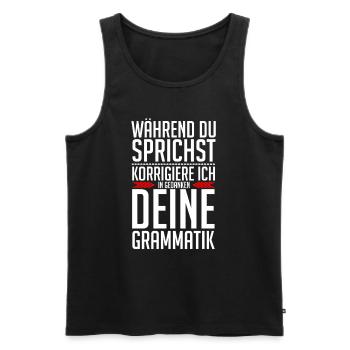 Pendant que vous parlez, je corrige votre grammaire - Débardeur bio Premium Homme - noir - Devant - AI Model Male 178 light (178cm)