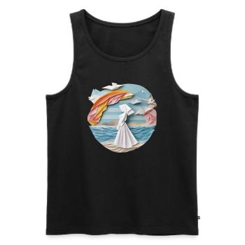 Woman on the beach in origami robe - Men's Premium Organic Tank Top - black - Front - AI Model Male 178 light (178cm)