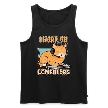Lustige IT-Katze – I Work on Computers - Männer Premium Bio Tank Top - Schwarz - Vorne - AI Model Male 178 light (178cm)