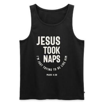Nach dem Beispiel Jesu Markus 4:38 Zitat - Männer Premium Bio Tank Top - Schwarz - Vorne - AI Model Male 178 light (178cm)
