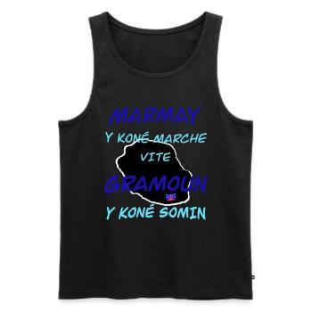 Marmay y koné marche vite, Gramoun y koné somin - Débardeur bio Premium Homme - noir - Devant - Michal (187cm)