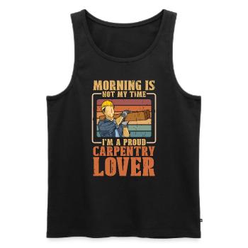 Menuiserie amateur Le matin n’est pas mon heure de menuiserie - Débardeur bio Premium Homme - noir - Devant - AI Model Male 178 light (178cm)