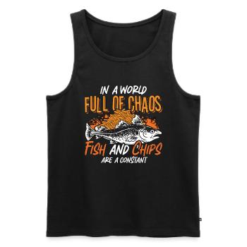 Fish and Chips dans un monde plein de chaos Gourmand - Débardeur bio Premium Homme - noir - Devant - AI Model Male 178 light (178cm)