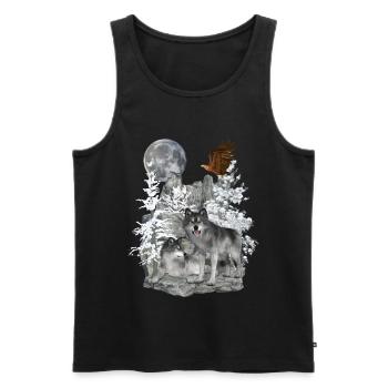 Loups sur les rochers avec aigle et lune - Débardeur bio Premium Homme - noir - Devant - Michal (187cm)