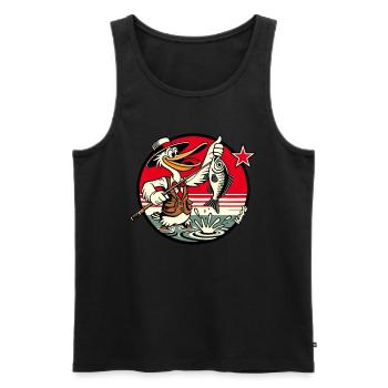 Pêcheur d’oiseaux pélican avec canne à pêche et poisson - Débardeur bio Premium Homme - noir - Devant - Michal (187cm)