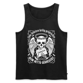 Zum Arbeiten Heilig Gesprochen - Männer Premium Bio Tank Top - Schwarz - Vorne - AI Model Male 178 light (178cm)