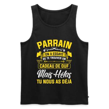 parrain cadeau de ouf mais tu nous as déjà drôle - Débardeur bio Premium Homme - noir - Devant - Michal (187cm)