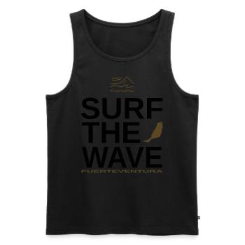 FuerteFan Surf the Wave - Collection Fuerteventura - Männer Premium Bio Tank Top - Schwarz - Vorne - Michal (187cm)
