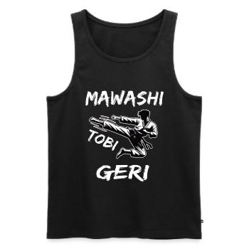 Mawashi Tobi Geri, le coup de pied du karaté dans le saut - Débardeur bio Premium Homme - noir - Devant - AI Model Male 178 light (178cm)