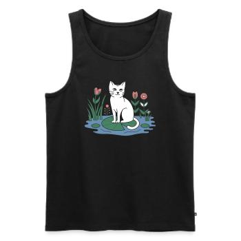 Cottagecore cat on lily pad in the garden - Men's Premium Organic Tank Top - black - Front - AI Model Male 178 light (178cm)