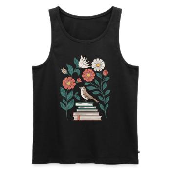 Cottagecore : Oiseaux et fleurs sur les livres - Débardeur bio Premium Homme - noir - Devant - Michal (187cm)