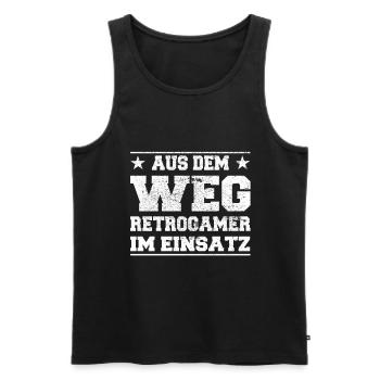 Out of the Way Retrogamer in Action Design - Men's Premium Organic Tank Top - black - Front - AI Model Male 178 light (178cm)