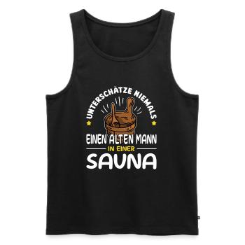 Never underestimate an old man in a sauna - Men's Premium Organic Tank Top - black - Front - Michal (187cm)