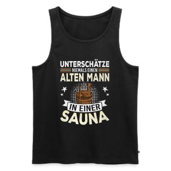 Never underestimate an old man in a sauna - Men's Premium Organic Tank Top - black - Front - Michal (187cm)