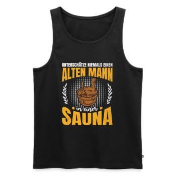 Never underestimate an old man in a sauna - Men's Premium Organic Tank Top - black - Front - Michal (187cm)