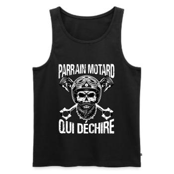 Parrain motard qui déchire annonce baptème cadeau - Débardeur bio Premium Homme - noir - Devant - Michal (187cm)