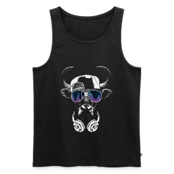 Vache avec des écouteurs et des lunettes de soleil cool - Débardeur bio Premium Homme - noir - Devant - Michal (187cm)