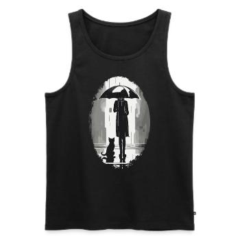 Woman and cat waiting under umbrella in the rain - Men's Premium Organic Tank Top - black - Front - Michal (187cm)