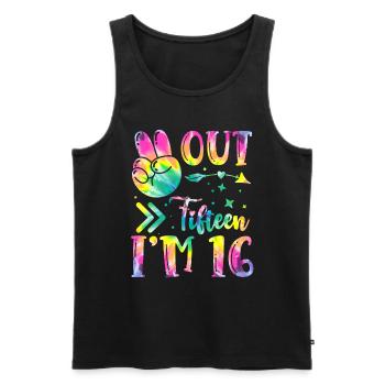 Peace Out Fifteen I'm 16 | Tie Dye Themed - Männer Premium Bio Tank Top - Schwarz - Vorne - AI Model Male 178 light (178cm)