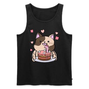 Un chat potelé tient un gâteau d’anniversaire 1ère année - Débardeur bio Premium Homme - noir - Devant - Michal (187cm)
