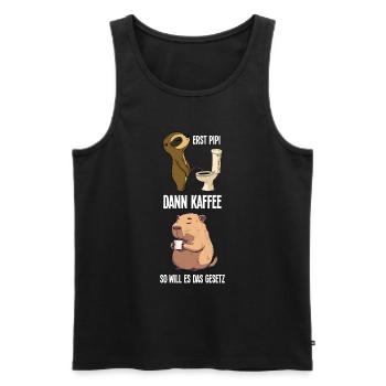 Sloth Capybara First peeing then coffee tomorrow - Men's Premium Organic Tank Top - black - Front - Michal (187cm)