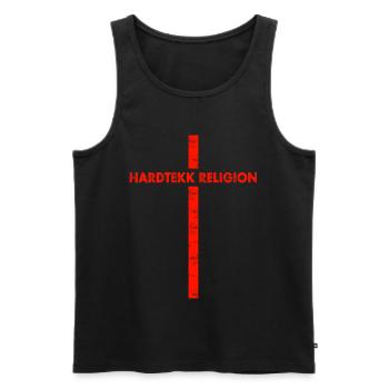 Hardtekk - Techno - Rave - Hardtekk Religion - Men's Premium Organic Tank Top - black - Front - AI Model Male 178 light (178cm)