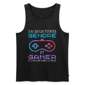 J' ai deux titres gendre et gamer humour gaming - Débardeur bio Premium Homme - noir - Devant - Michal (187cm)