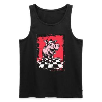 Découvrez ce cochon en échiquier à carreaux - Débardeur bio Premium Homme - noir - Devant - Michal (187cm)
