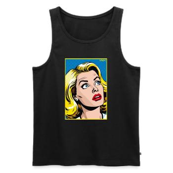 Cartoon Pop Art : Femme blonde en action - Débardeur bio Premium Homme - noir - Devant - AI Model Male 178 light (178cm)