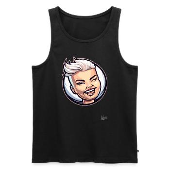 Chat porte-bonheur à poil court : Femme, fraîche et effrontée ! - Débardeur bio Premium Homme - noir - Devant - Michal (187cm)