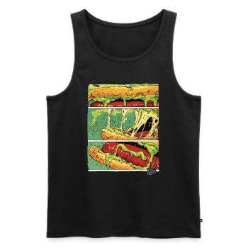 Planches BD : Saucisse monstre au fromage dans un petit pain - Débardeur bio Premium Homme - noir - Devant - AI Model Male 178 light (178cm)