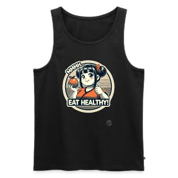 Cheerful healthy cartoon girl with fruit - Men's Premium Organic Tank Top - black - Front - AI Model Male 178 light (178cm)