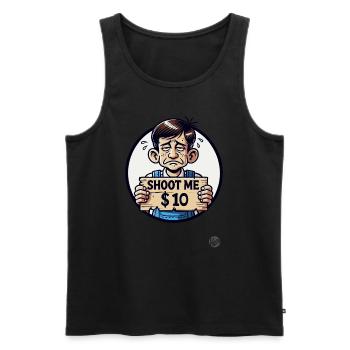 Parodie : en salopette, Shoot Me pour 10 $ - Débardeur bio Premium Homme - noir - Devant - AI Model Male 178 light (178cm)