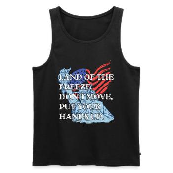 Funny Land Of The Freeze America Jeu de mots USA Cadeau amusant - Débardeur bio Premium Homme - noir - Devant - AI Model Male 178 light (178cm)