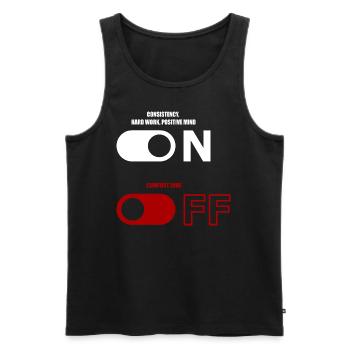 mindset on, comfort zone off - Männer Premium Bio Tank Top - Schwarz - Vorne - AI Model Male 178 light (178cm)
