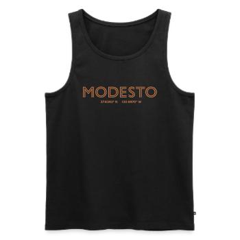 Coordonnées de la ville des États-Unis - Modesto - Débardeur bio Premium Homme - noir - Devant - Michal (187cm)