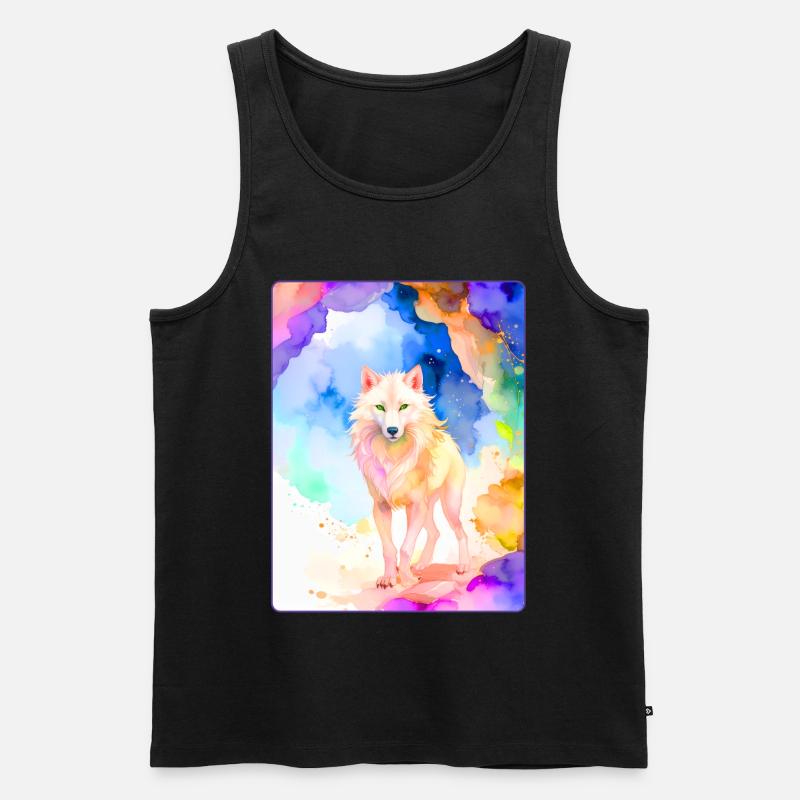 Weißer Wolf vor bunter Höhle - Männer Premium Bio Tank Top - Schwarz