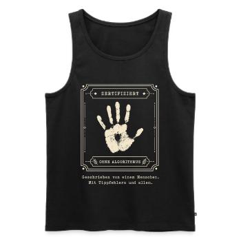 Zertifiziert menschlich — Tippfehler inklusive - Männer Premium Bio Tank Top - Schwarz - Vorne - AI Model Male 178 light (178cm)
