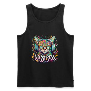 Cat with headphones Funny saying NO STRESS - Men's Premium Organic Tank Top - black - Front - AI Model Male 178 light (178cm)