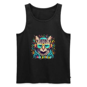 Cat with headphones Funny saying NO STRESS - Men's Premium Organic Tank Top - black - Front - AI Model Male 178 light (178cm)
