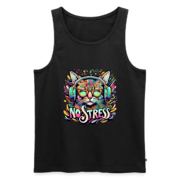 Cat with headphones Funny saying NO STRESS - Men's Premium Organic Tank Top - black - Front - AI Model Male 178 light (178cm)