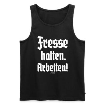 Handwerker-Spruch: Fresse halten und Arbeiten - Männer Premium Bio Tank Top - Schwarz - Vorne - Michal (187cm)