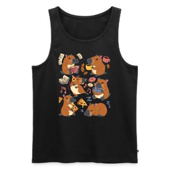 Capybara : Pizza, Café, Beignet, Musique, Lecture de livres - Débardeur bio Premium Homme - noir - Devant - Michal (187cm)