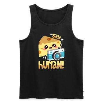 Fotografie Wortwitz "Cheese!" - Männer Premium Bio Tank Top - Schwarz - Vorne - AI Model Male 178 light (178cm)
