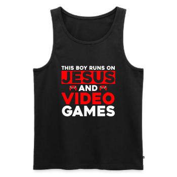Ce garçon court sur Jésus et les jeux vidéo - Débardeur bio Premium Homme - noir - Devant - Michal (187cm)
