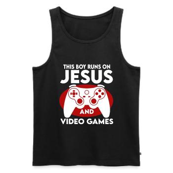 Ce garçon court sur Jésus et les jeux vidéo - Débardeur bio Premium Homme - noir - Devant - Michal (187cm)