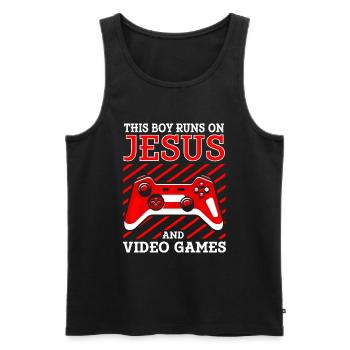 Ce garçon court sur Jésus et les jeux vidéo - Débardeur bio Premium Homme - noir - Devant - Michal (187cm)