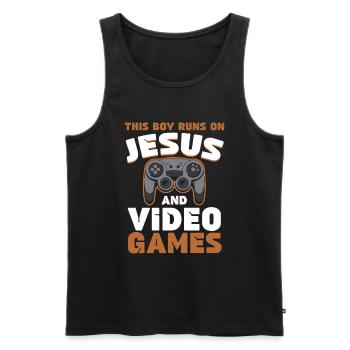 Ce garçon court sur Jésus et les jeux vidéo - Débardeur bio Premium Homme - noir - Devant - Michal (187cm)