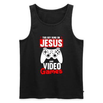 Ce garçon court sur Jésus et les jeux vidéo - Débardeur bio Premium Homme - noir - Devant - Michal (187cm)