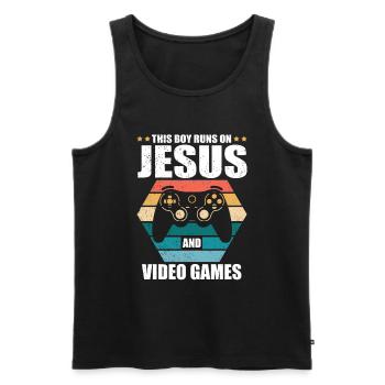Ce garçon court sur Jésus et les jeux vidéo - Débardeur bio Premium Homme - noir - Devant - Michal (187cm)